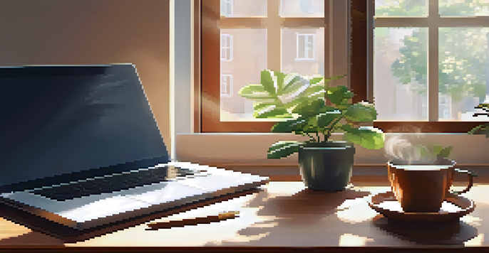 A peaceful workspace with a wooden desk, laptop, notebook, and coffee cup, illuminated by sunlight.