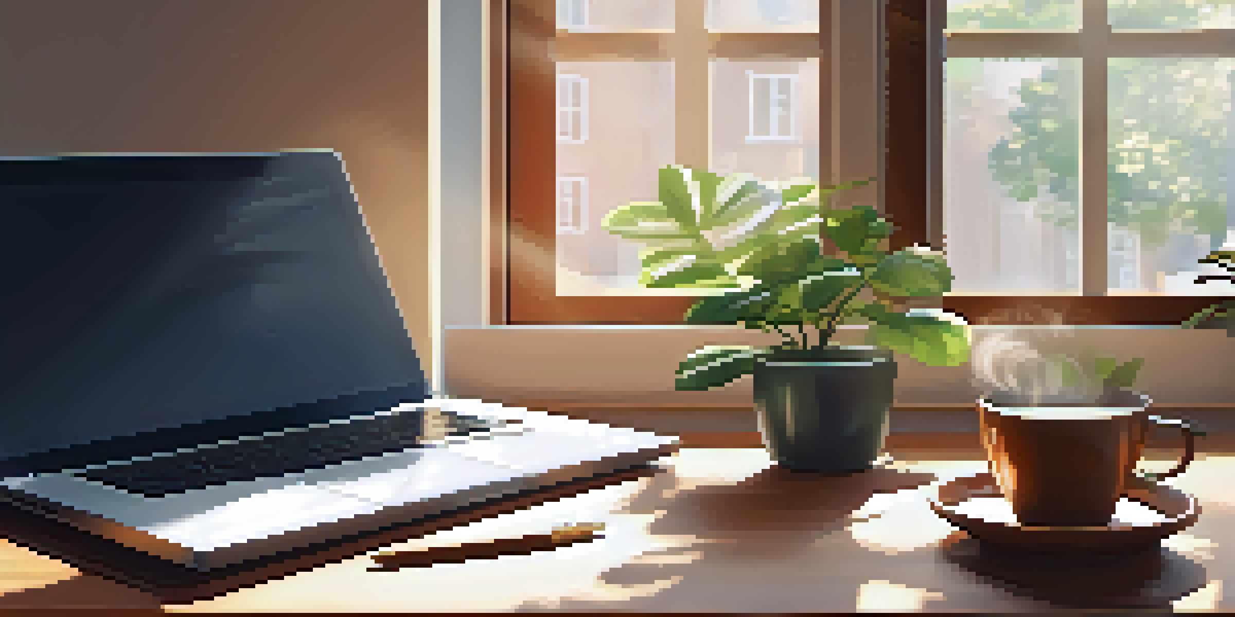 A peaceful workspace with a wooden desk, laptop, notebook, and coffee cup, illuminated by sunlight.