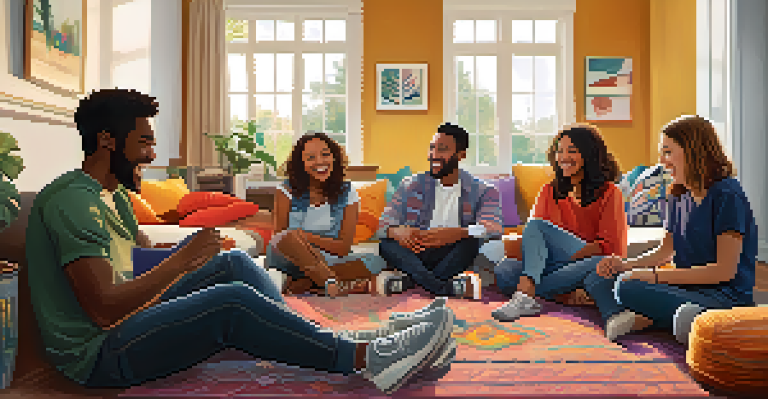 A group of friends sitting in a circle, sharing stories and laughing in a cozy living room.