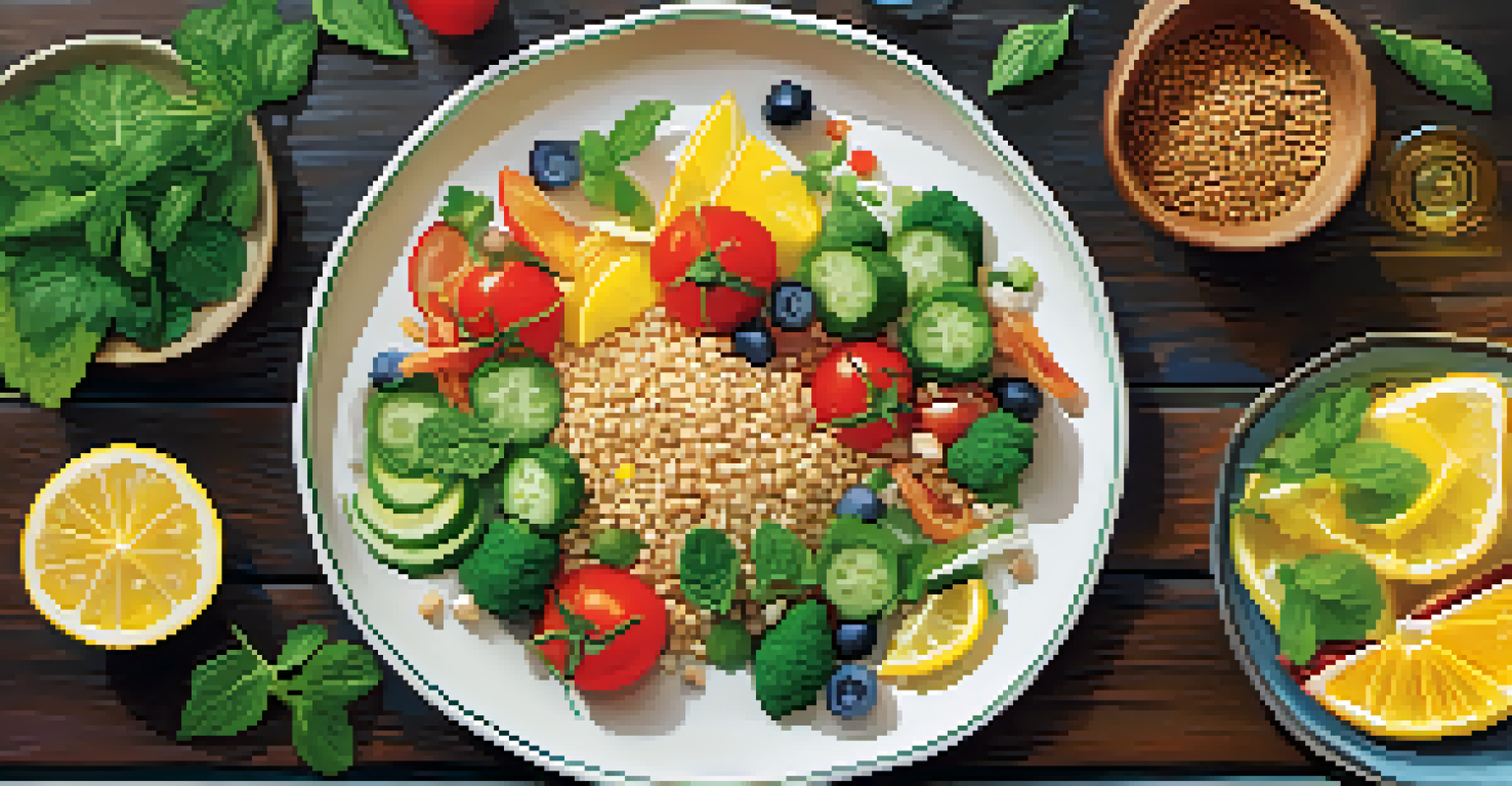 A colorful healthy meal on a wooden table, featuring fresh vegetables and infused water.