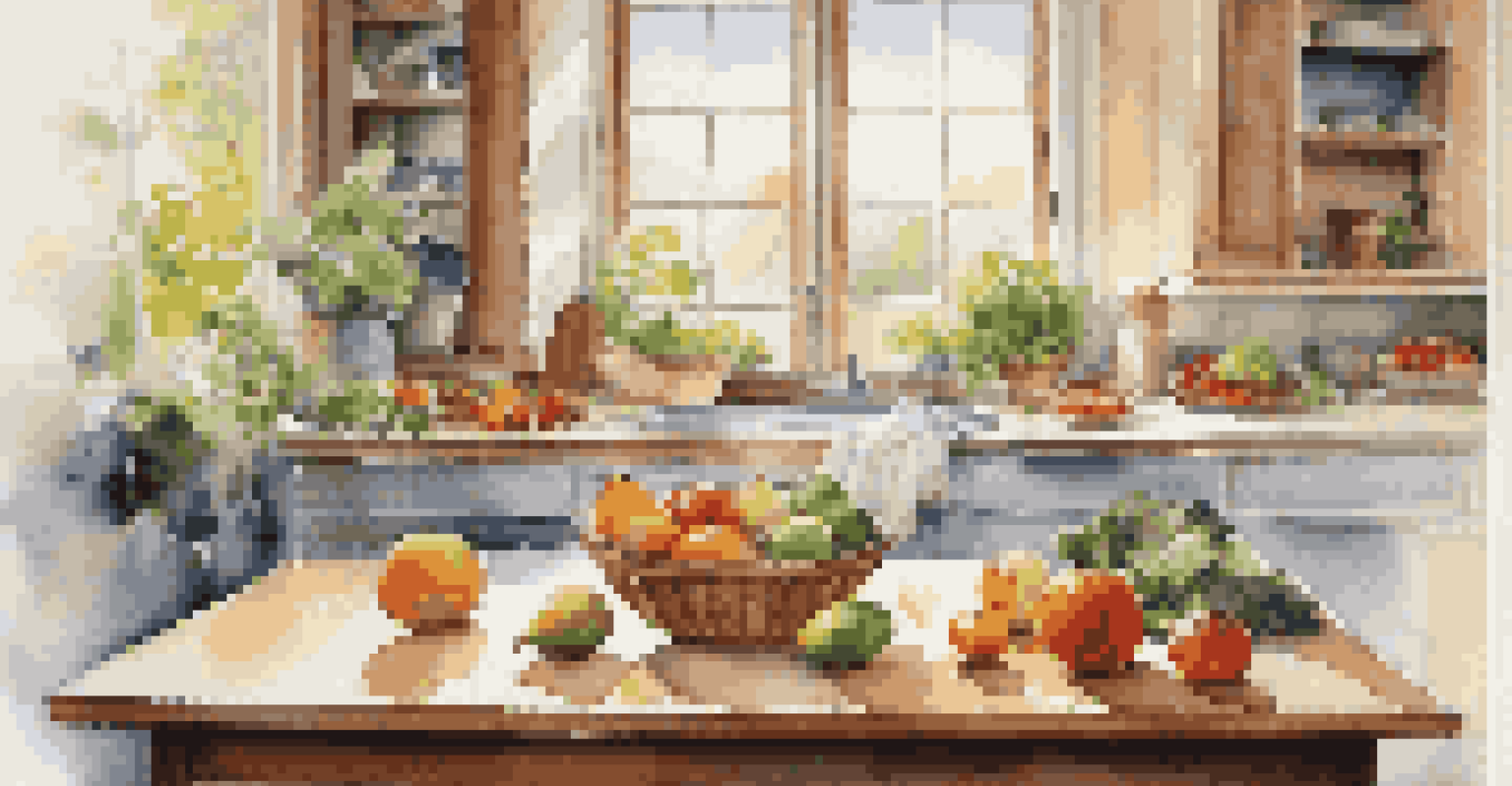 An inviting kitchen with a wooden table displaying colorful fruits and vegetables, alongside a glass of water, illuminated by natural light.