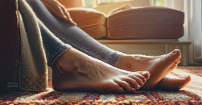 A close-up of a senior's feet on a textured rug, with sunlight highlighting their healthy appearance in a cozy living room.
