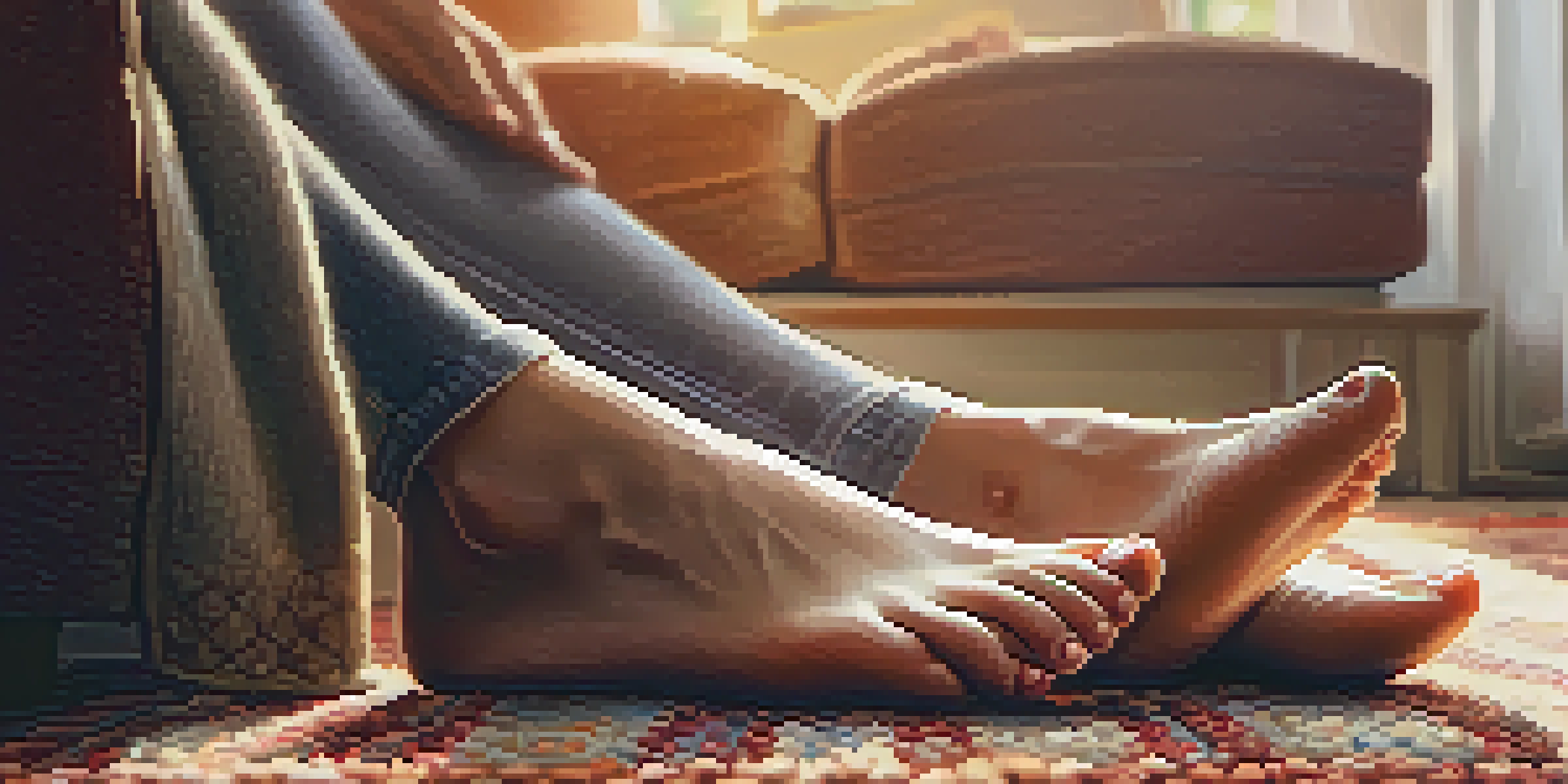 A close-up of a senior's feet on a textured rug, with sunlight highlighting their healthy appearance in a cozy living room.