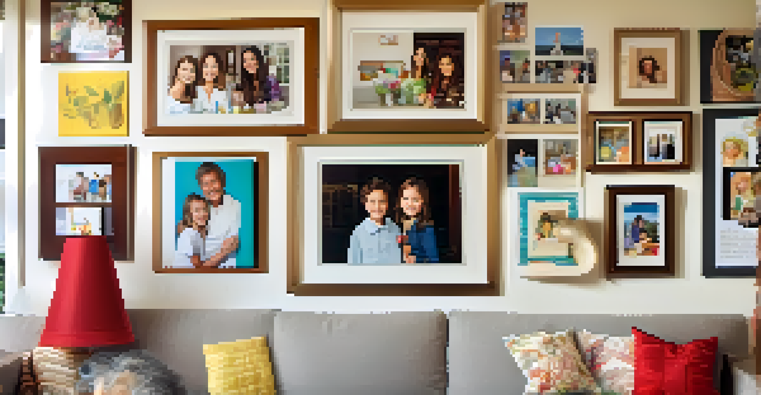 A colorful 'Wall of Fame' displaying family photos and notes, with a child pointing proudly at their achievement, illuminated by natural light.