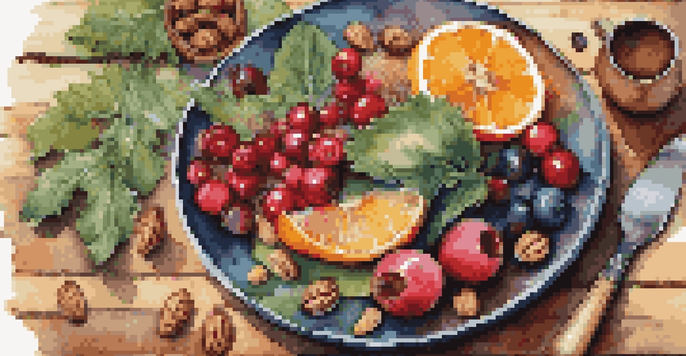 A colorful plate of anti-inflammatory foods including berries, leafy greens, and orange slices, presented on a wooden table with natural light.