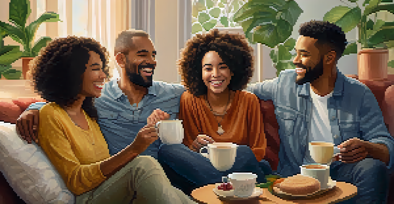 A diverse group of friends enjoys tea together in a cozy living room, sharing laughter and creating a warm, supportive atmosphere.