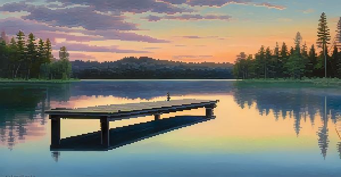 A tranquil lake at sunset with a person sitting on a dock, surrounded by lush trees.