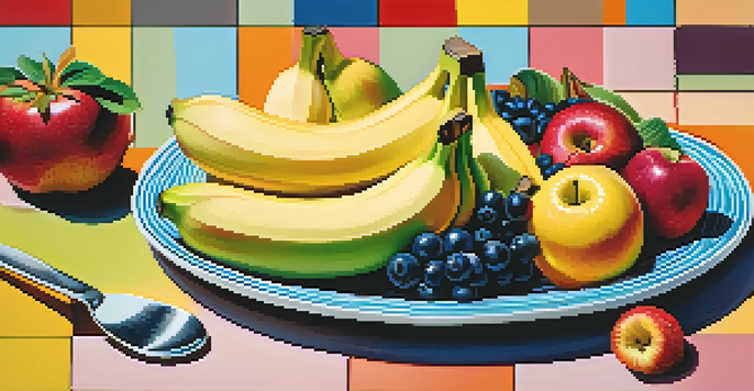 A colorful plate filled with a variety of fruits like bananas, apples, and berries, arranged in fun shapes, with almond butter in a bowl beside it.