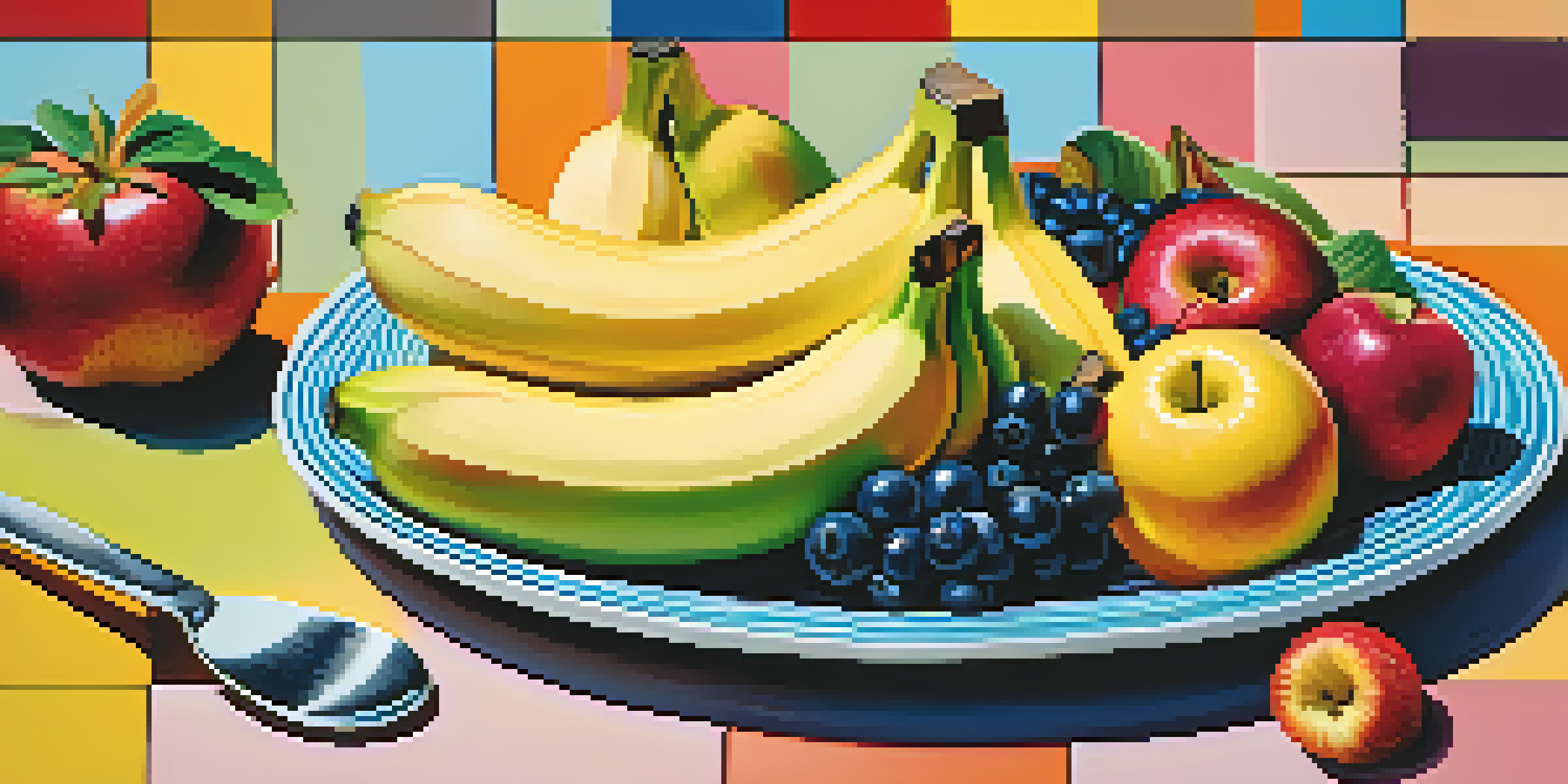 A colorful plate filled with a variety of fruits like bananas, apples, and berries, arranged in fun shapes, with almond butter in a bowl beside it.