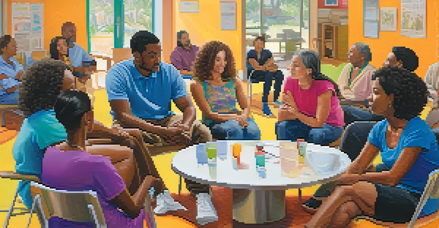 A diverse support group sharing their experiences in a bright community center, fostering understanding and empathy.