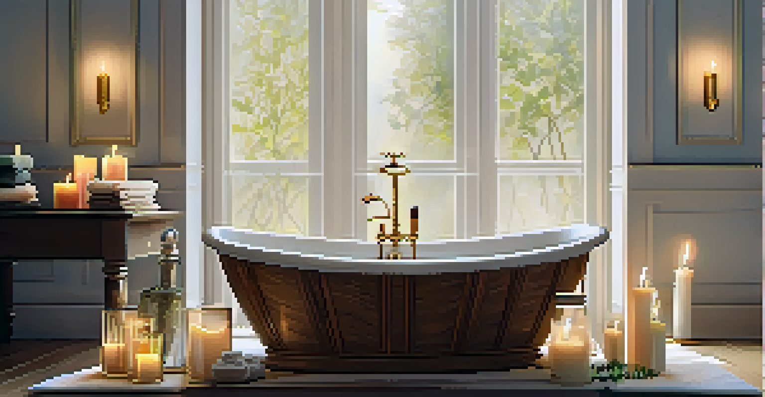 A bathroom with a wooden tub filled with water, candles, and chamomile essential oil, creating a relaxing spa atmosphere.