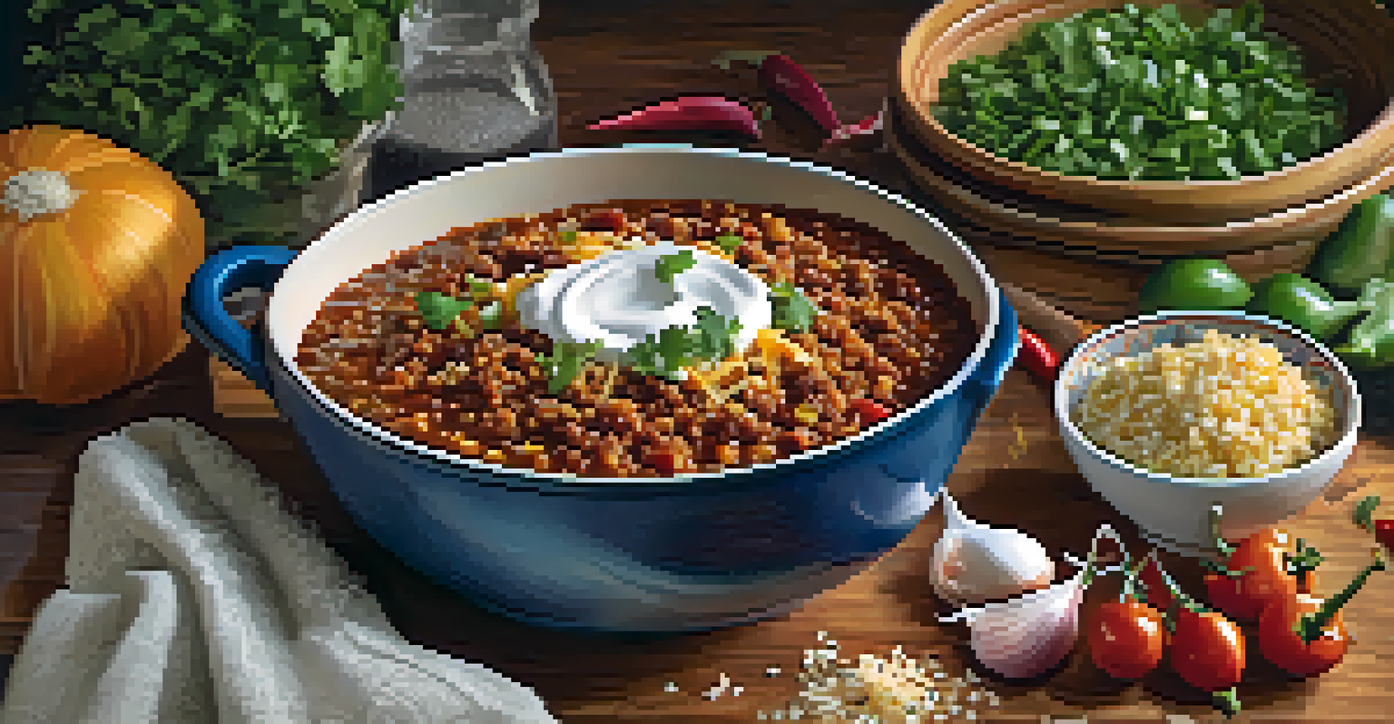 A bowl of quinoa chili with Greek yogurt and cheese, surrounded by fresh ingredients on a textured fabric.