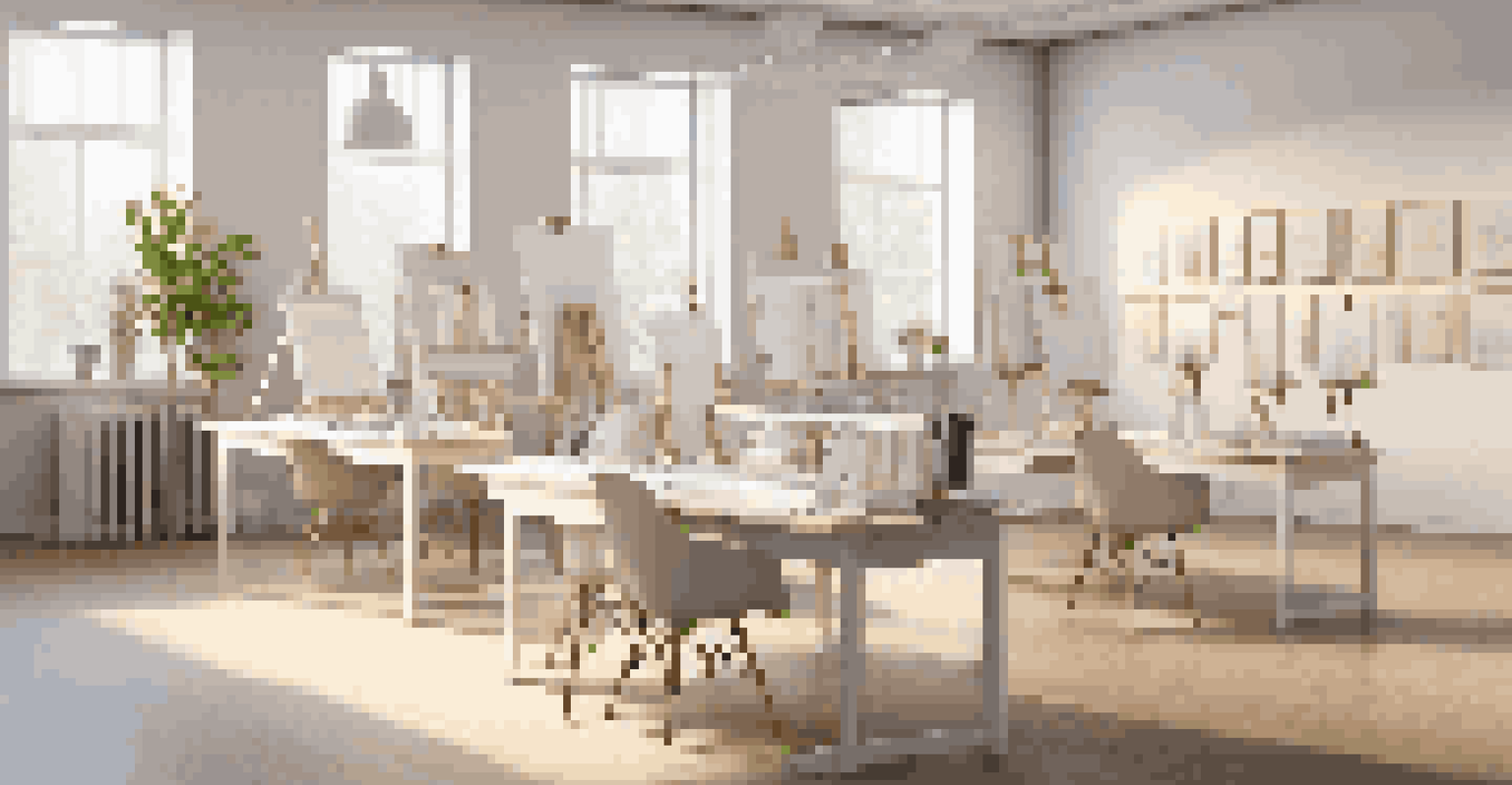 A calming art therapy space with easels, soft lighting, and art supplies, designed for relaxation and creativity.