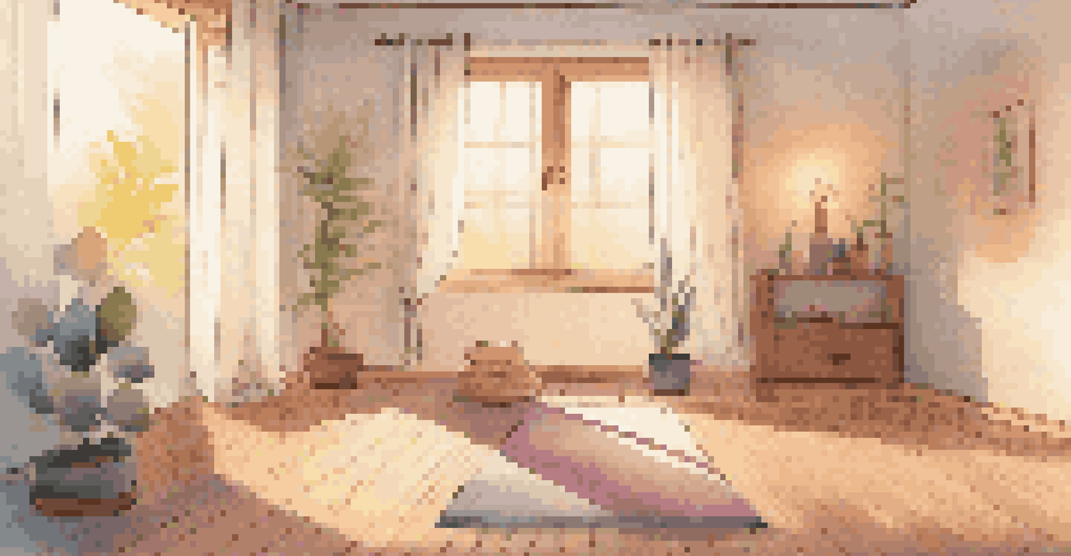 A cozy home yoga space with a mat, cushions, and candles, featuring a person meditating in soft sunlight.