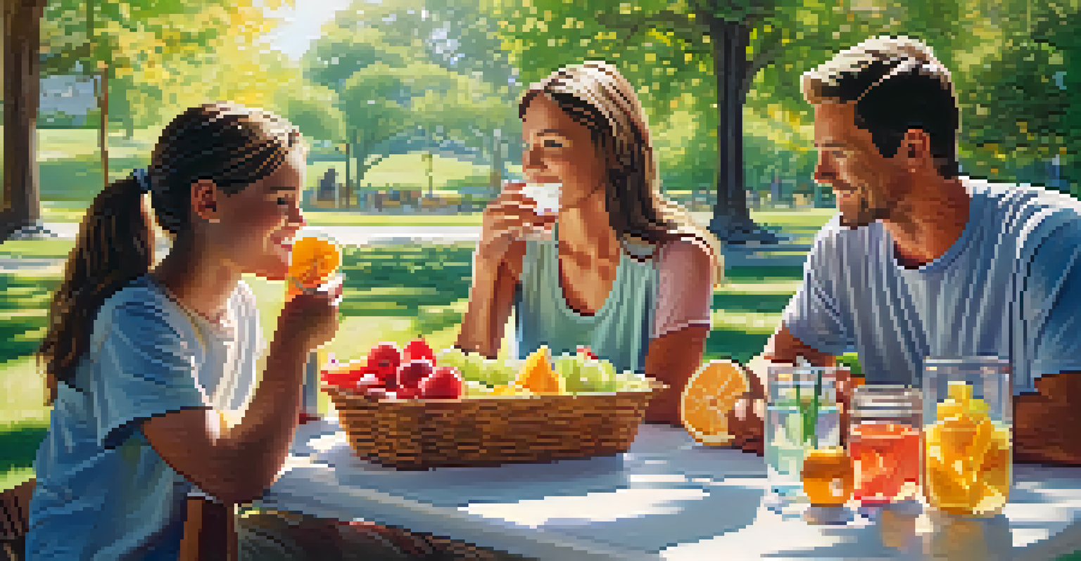 A family enjoying a picnic with fruit slices and water, surrounded by nature.