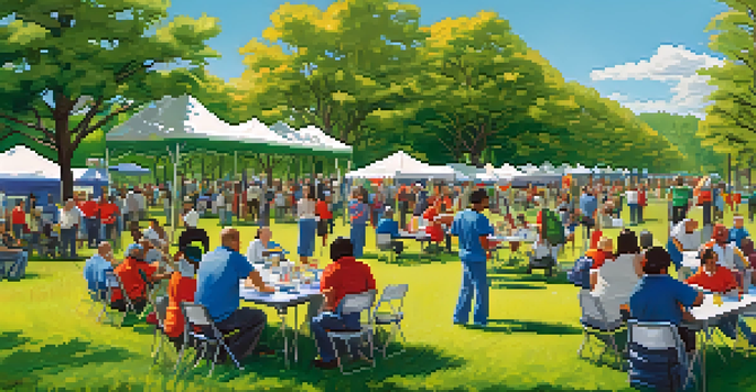 A lively park scene depicting a diverse group of community members engaged in a disaster preparedness drill, with colorful banners and emergency kits.