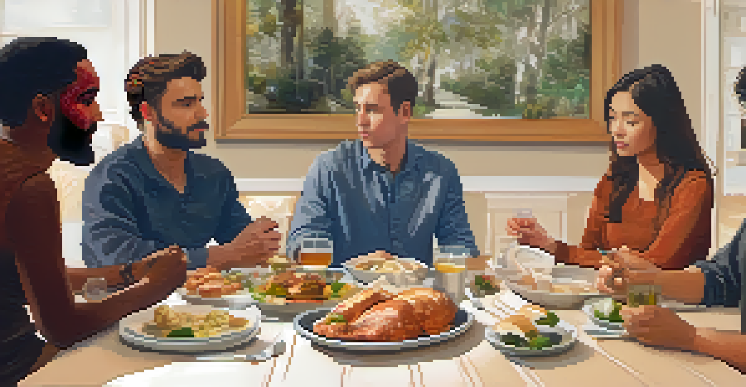 A group of people at a dining table discussing food allergies with visual aids.