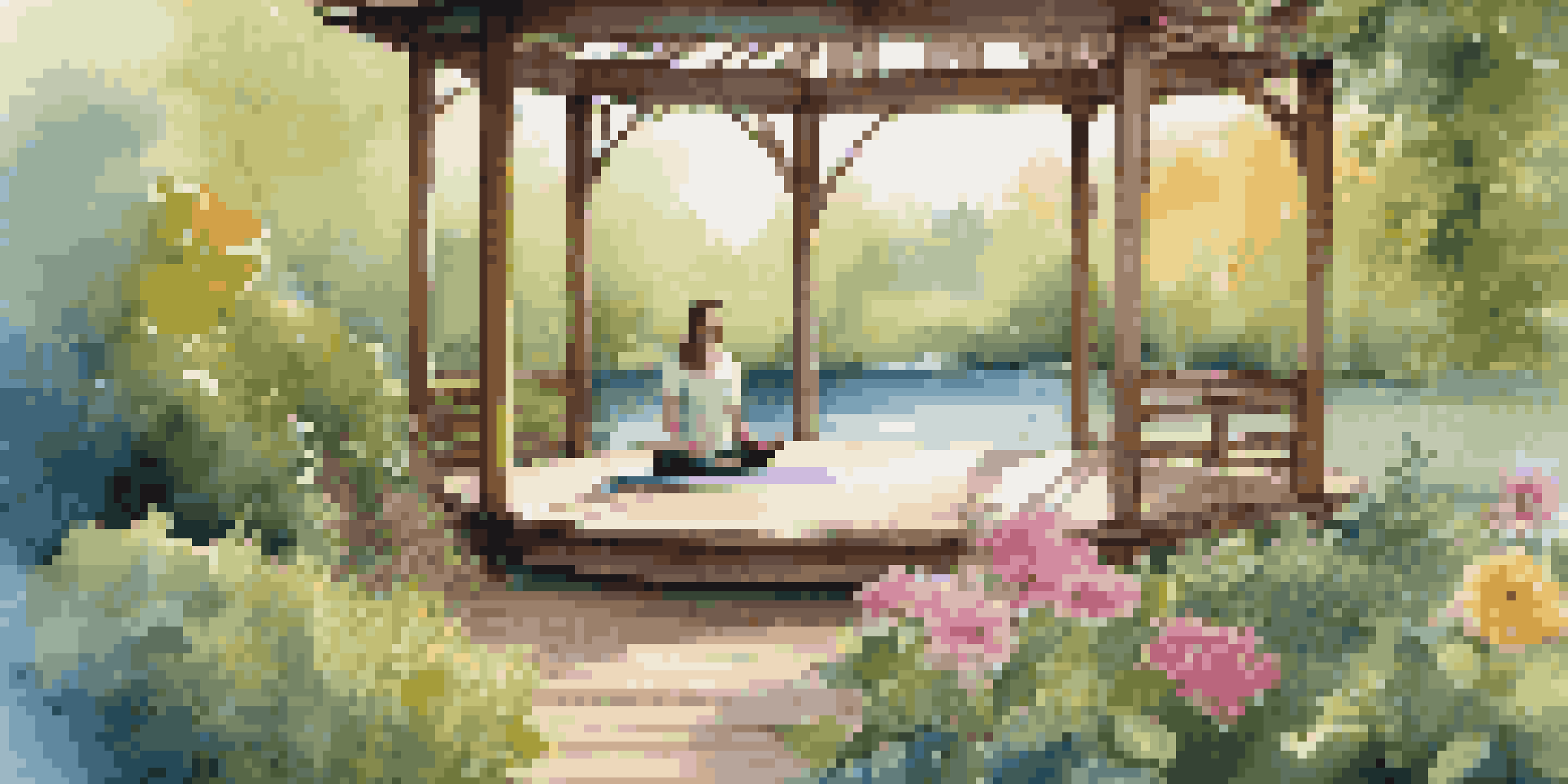 A peaceful herbal retreat with a gazebo, yoga mat, and individuals practicing yoga by a tranquil lake surrounded by greenery.