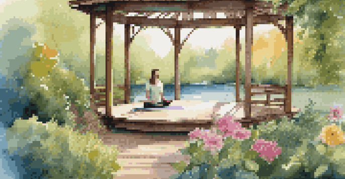 A peaceful herbal retreat with a gazebo, yoga mat, and individuals practicing yoga by a tranquil lake surrounded by greenery.