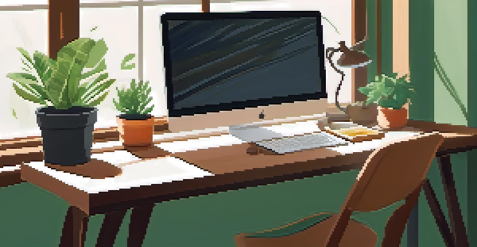 A cozy workspace with a wooden desk, laptop, potted plant, and coffee cup, illuminated by natural light from a window.