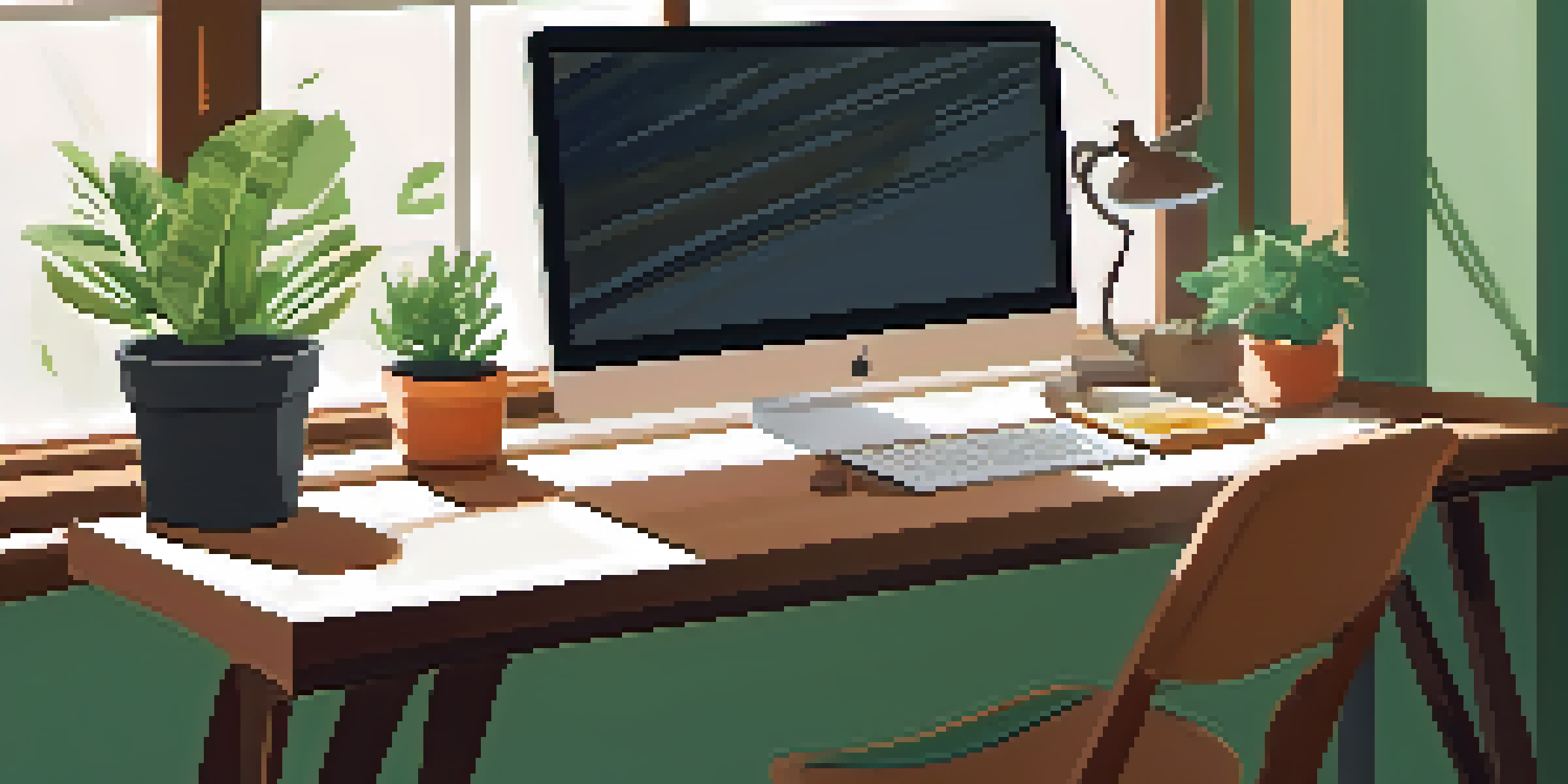 A cozy workspace with a wooden desk, laptop, potted plant, and coffee cup, illuminated by natural light from a window.