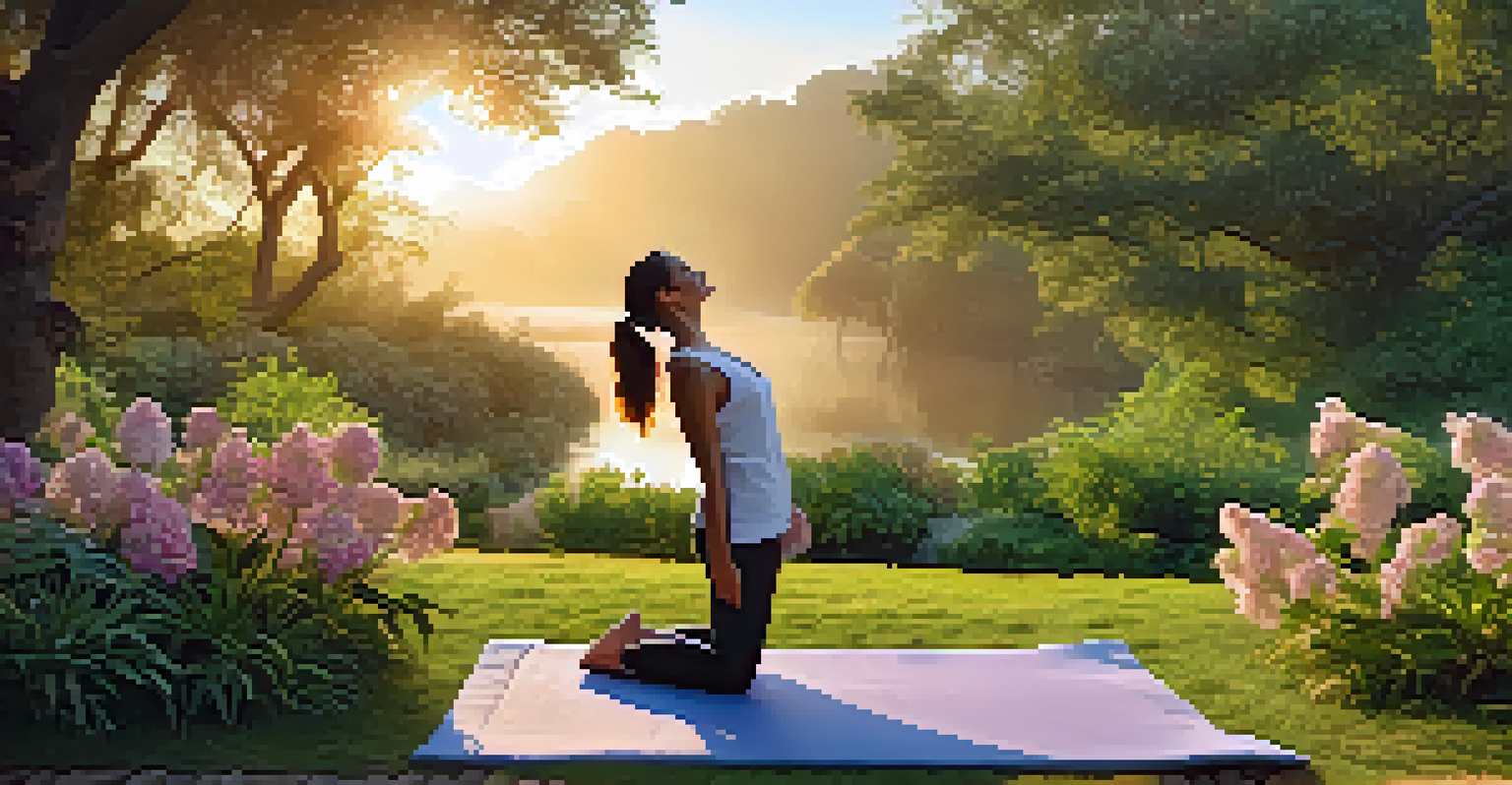 A person practicing yoga at sunrise in a serene park, surrounded by greenery and flowers.