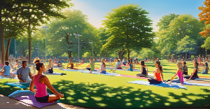 A diverse group of people practicing yoga, cycling, and jogging in a sunny park surrounded by greenery and colorful flowers.