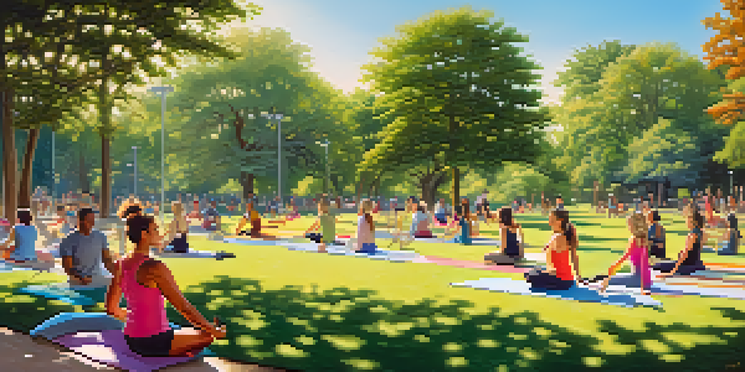 A diverse group of people practicing yoga, cycling, and jogging in a sunny park surrounded by greenery and colorful flowers.