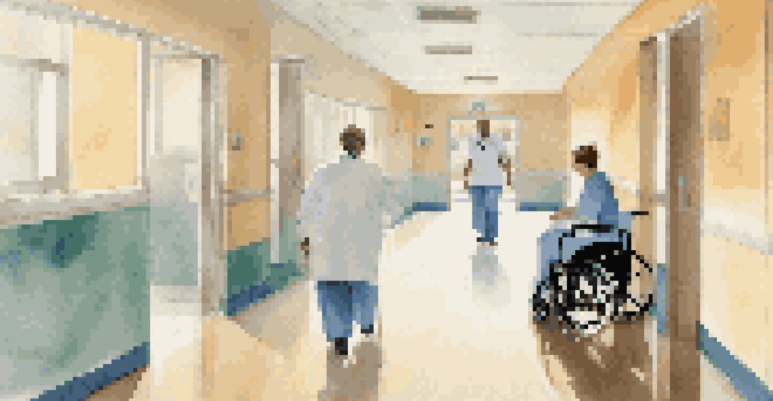 A nurse helping a patient in a wheelchair transition from a hospital room to an exit, in a bright and clean corridor.