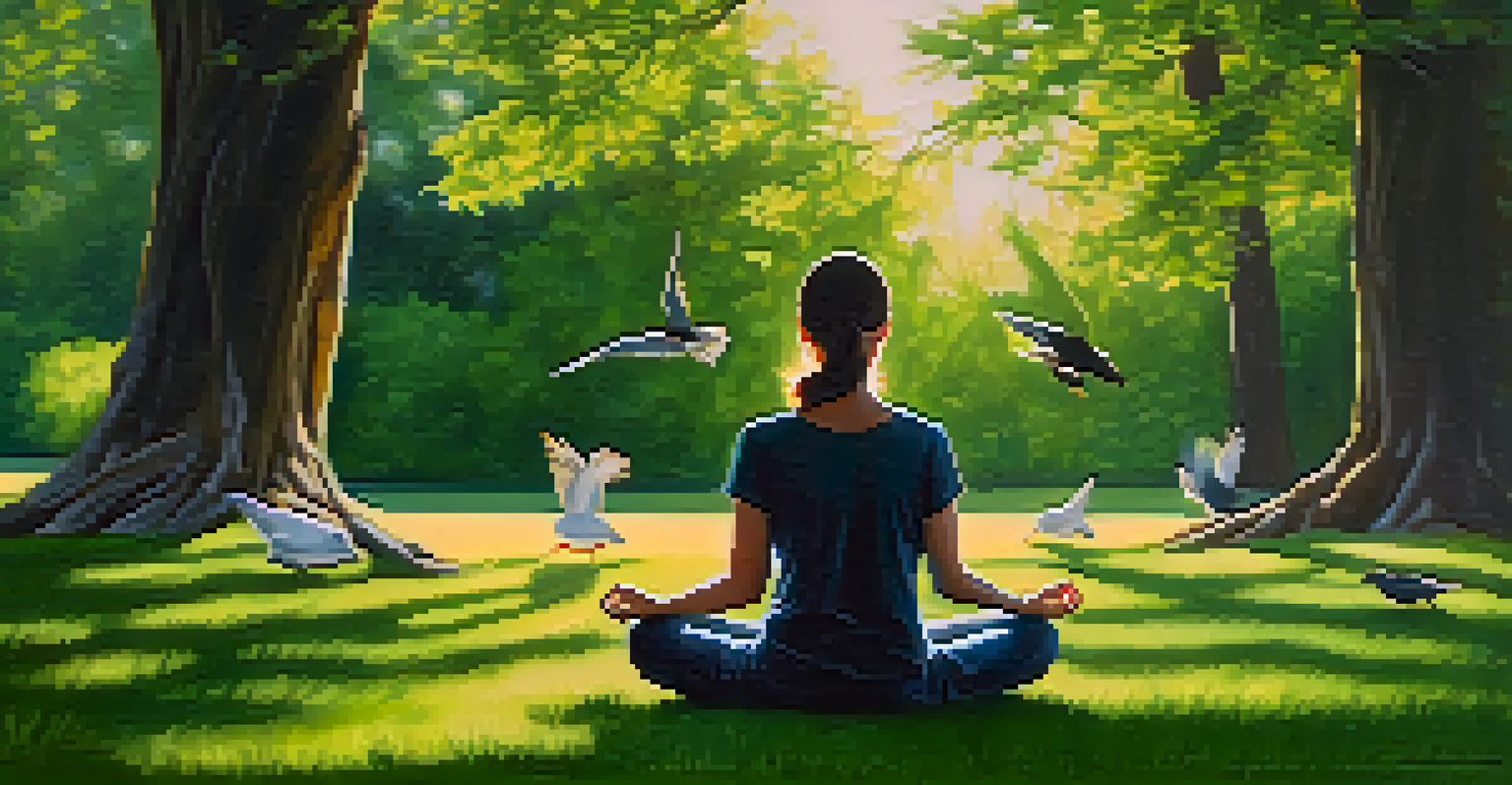 A person meditating in a green park, surrounded by trees and sunlight, embodying peace and mindfulness.