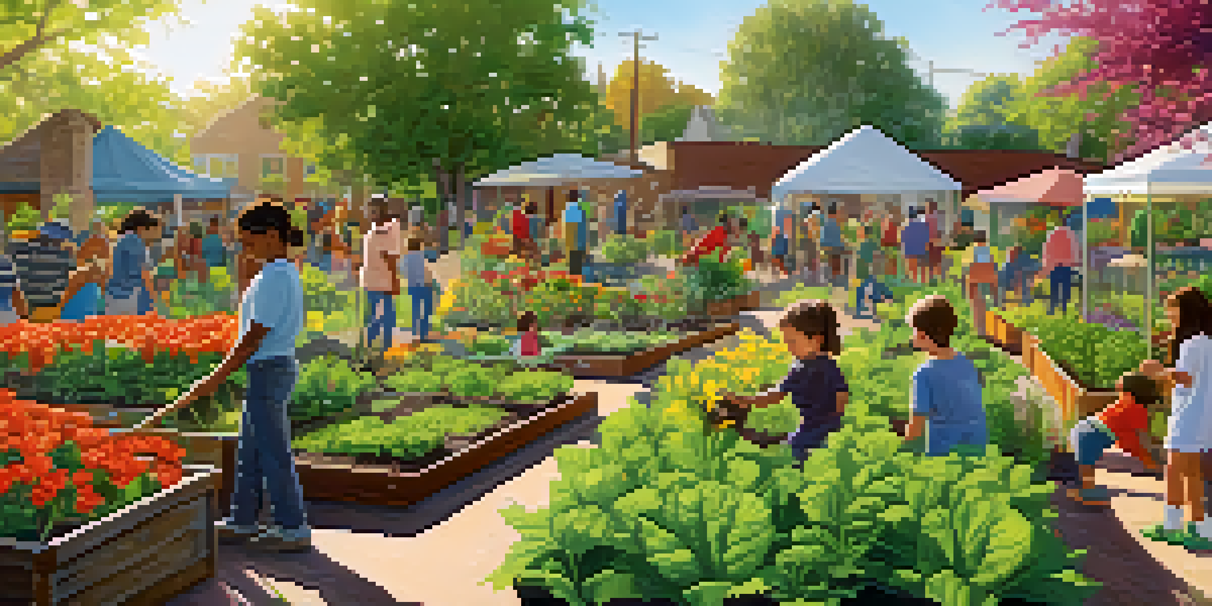A community garden with families planting vegetables and herbs under bright sunlight, highlighting diversity and teamwork.
