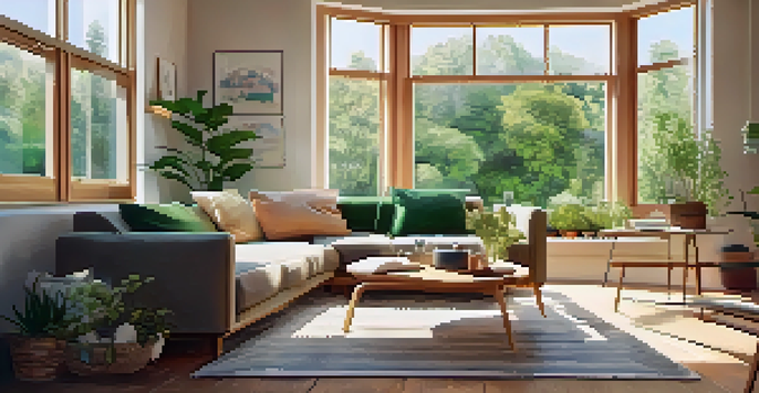 A cozy living room with a couch, a coffee table with a notebook and tea, and a window showing a garden, representing a peaceful setting for relaxation.