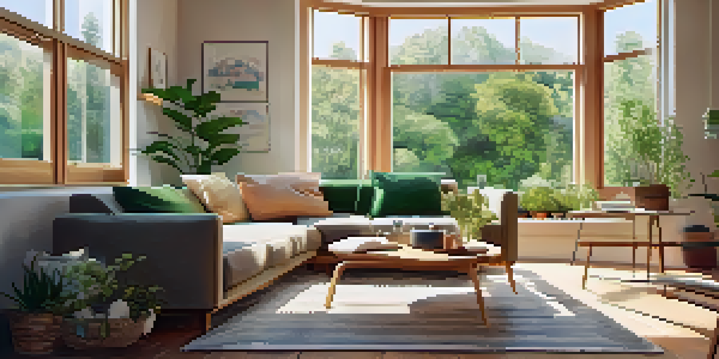 A cozy living room with a couch, a coffee table with a notebook and tea, and a window showing a garden, representing a peaceful setting for relaxation.