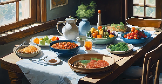 A dining table with various colorful foods, a person sitting calmly with eyes closed, preparing for a mindful eating experience.