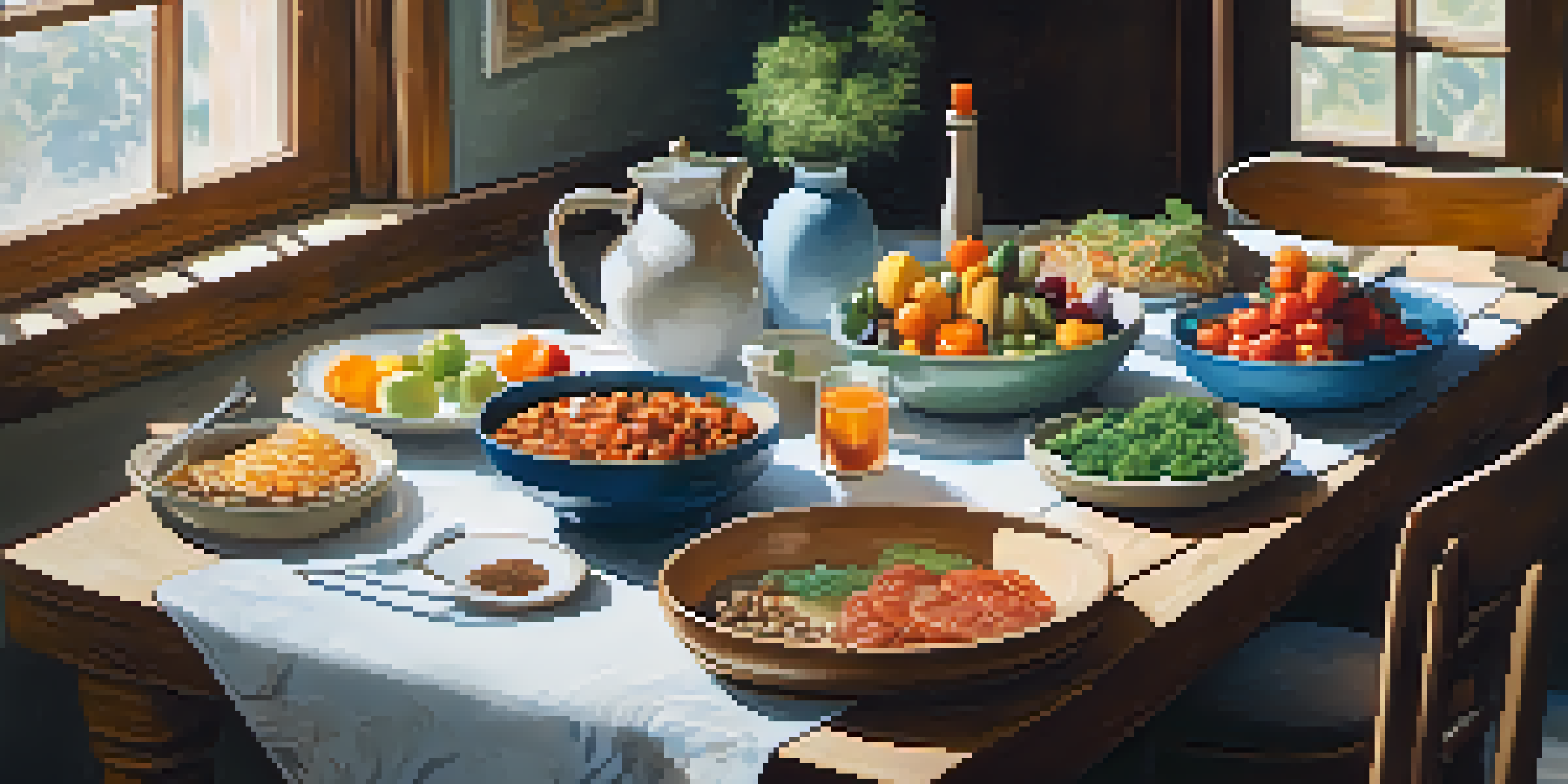 A dining table with various colorful foods, a person sitting calmly with eyes closed, preparing for a mindful eating experience.