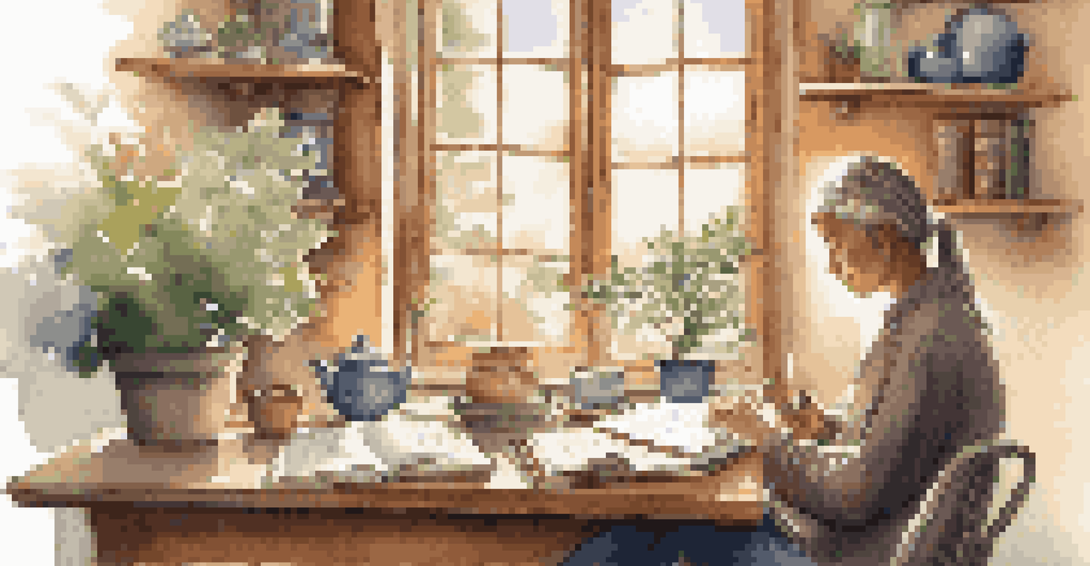 A person journaling in a cozy nook with a cup of tea, surrounded by plants and books, illuminated by soft window light.