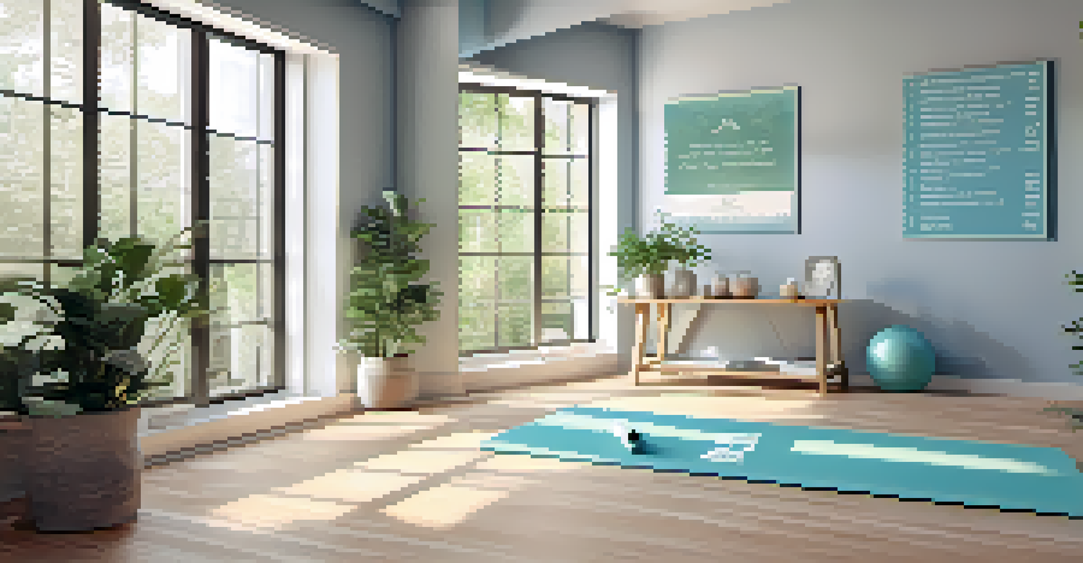 A bright and inviting workout space with a yoga mat, essential oils, and motivational quotes on the walls.