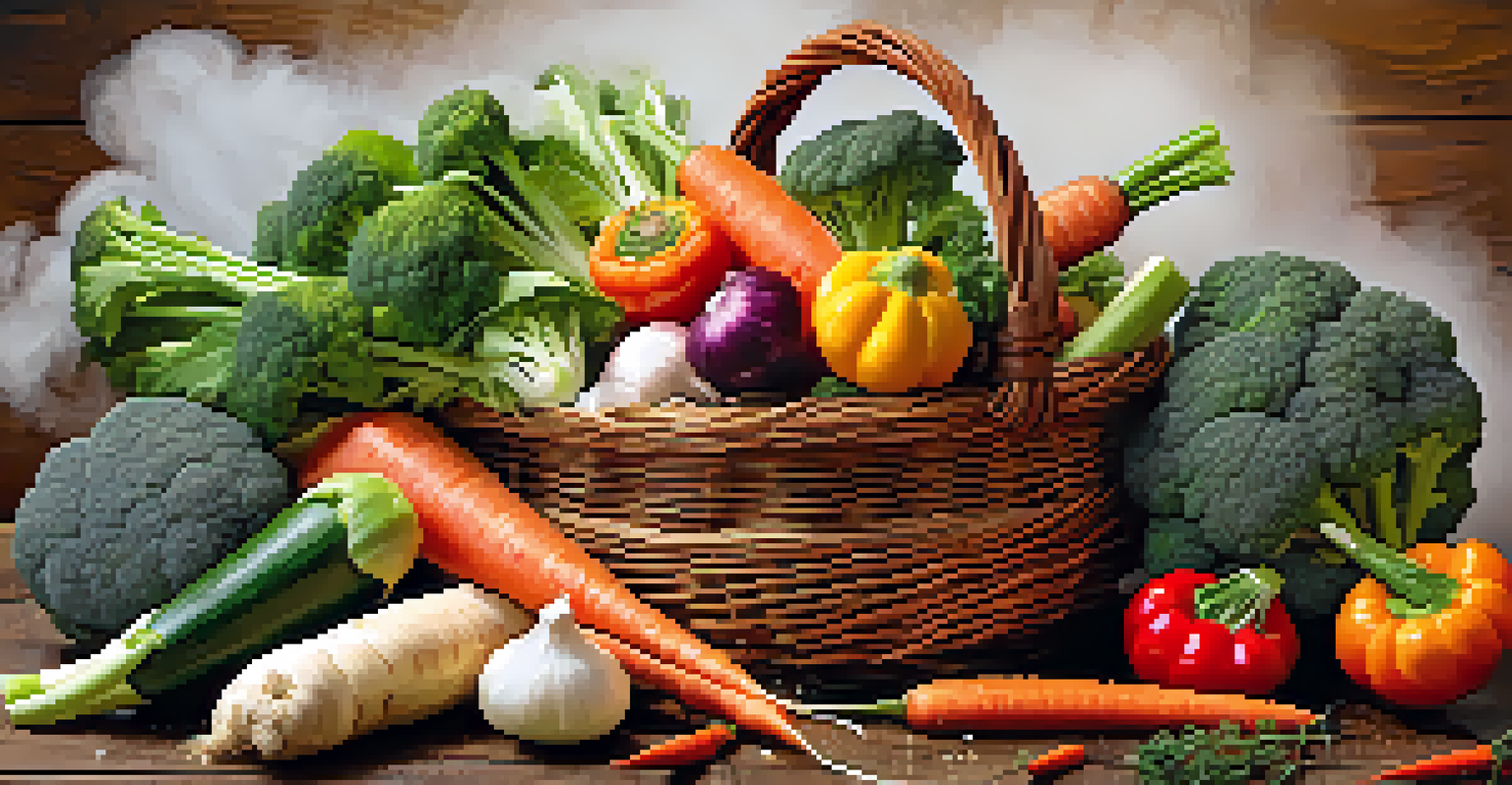 A steaming basket of fresh vegetables on a rustic wooden table, surrounded by colorful spices and herbs.