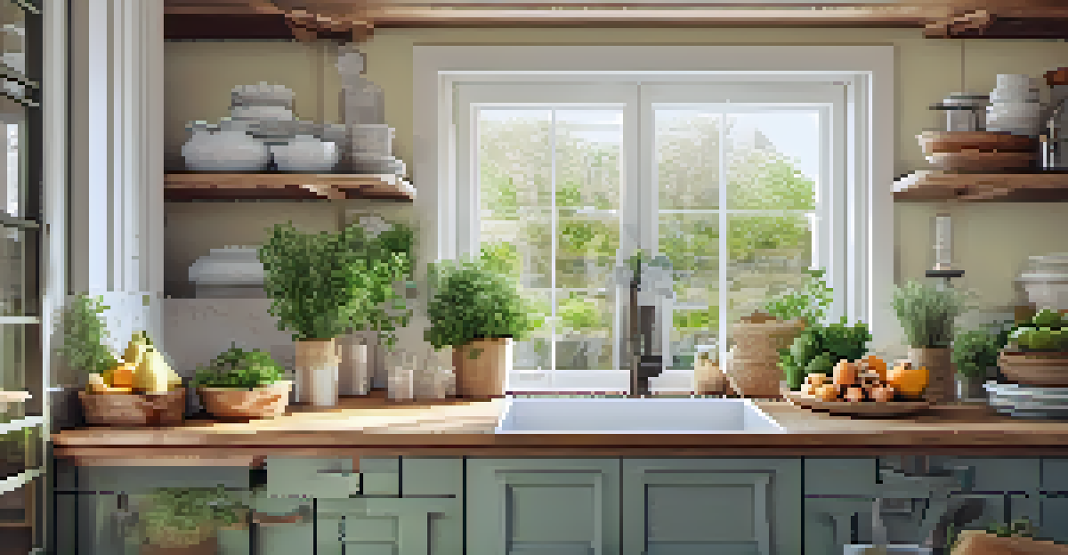 A bright kitchen filled with natural light, featuring organized countertops and a welcoming atmosphere promoting health and wellness.