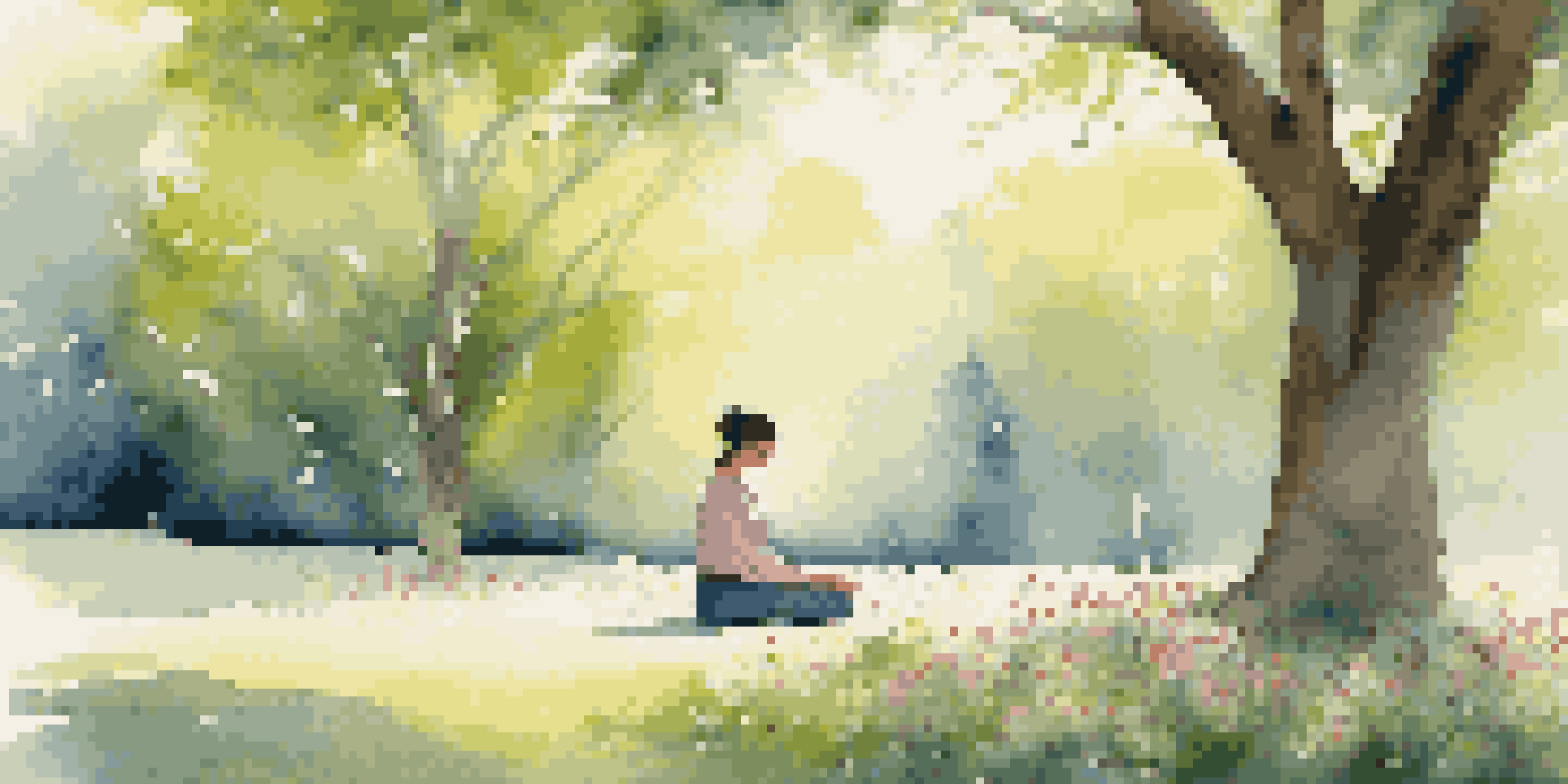 A person sitting cross-legged in a park, practicing mindfulness with closed eyes, surrounded by flowers and sunlight filtering through trees.