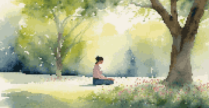 A person sitting cross-legged in a park, practicing mindfulness with closed eyes, surrounded by flowers and sunlight filtering through trees.