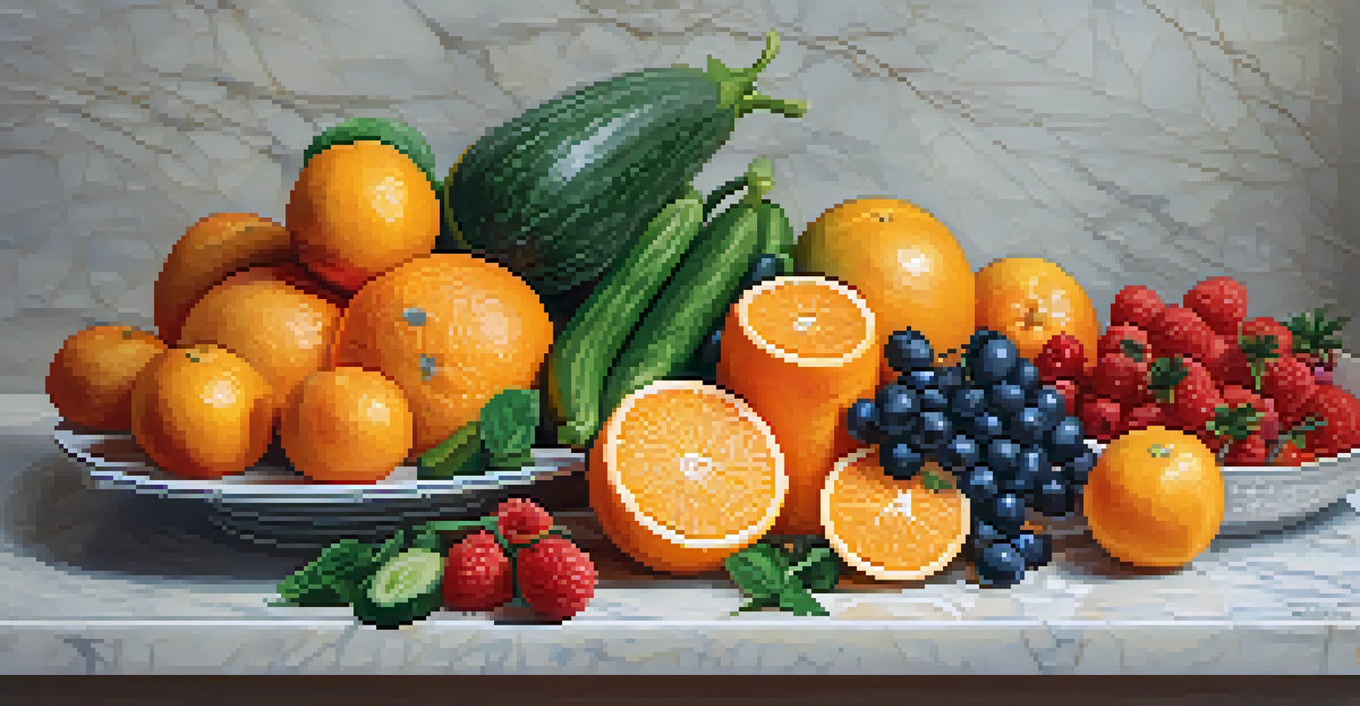 A plate filled with fresh fruits and vegetables next to a glass of water on a marble countertop.