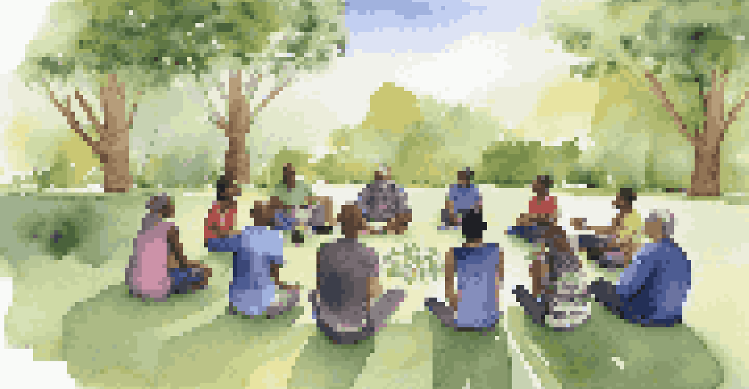 A group of diverse individuals meeting outdoors to discuss community health initiatives, showcasing teamwork and collaboration in a natural setting.
