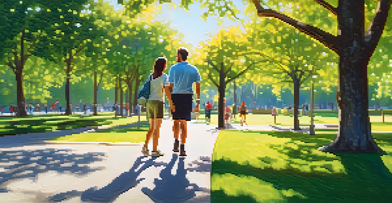 A health coach and client walking in a park, discussing health goals with enthusiasm and surrounded by nature.