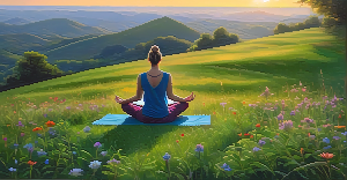 A person practicing yoga on a green field at sunrise, surrounded by wildflowers and gentle hills.
