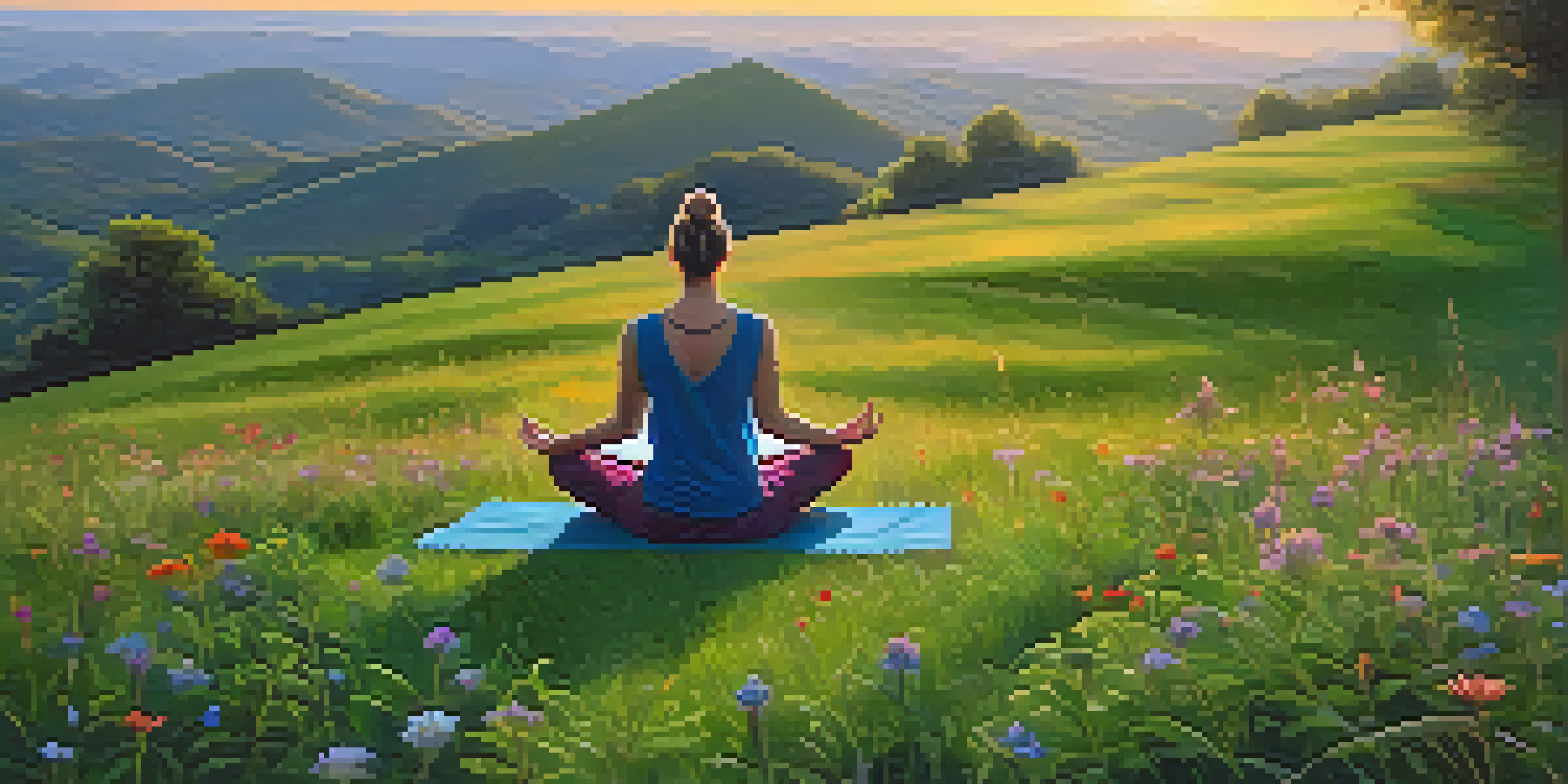 A person practicing yoga on a green field at sunrise, surrounded by wildflowers and gentle hills.