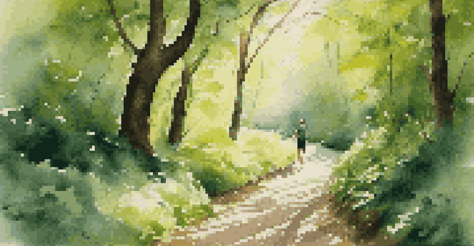 A person walking on a winding path in a lush green forest with sunlight filtering through the leaves.