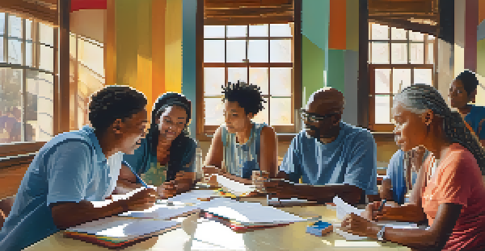 A diverse group of people participating in a health literacy workshop, sitting around a table with colorful materials and handouts, engaged in discussion.