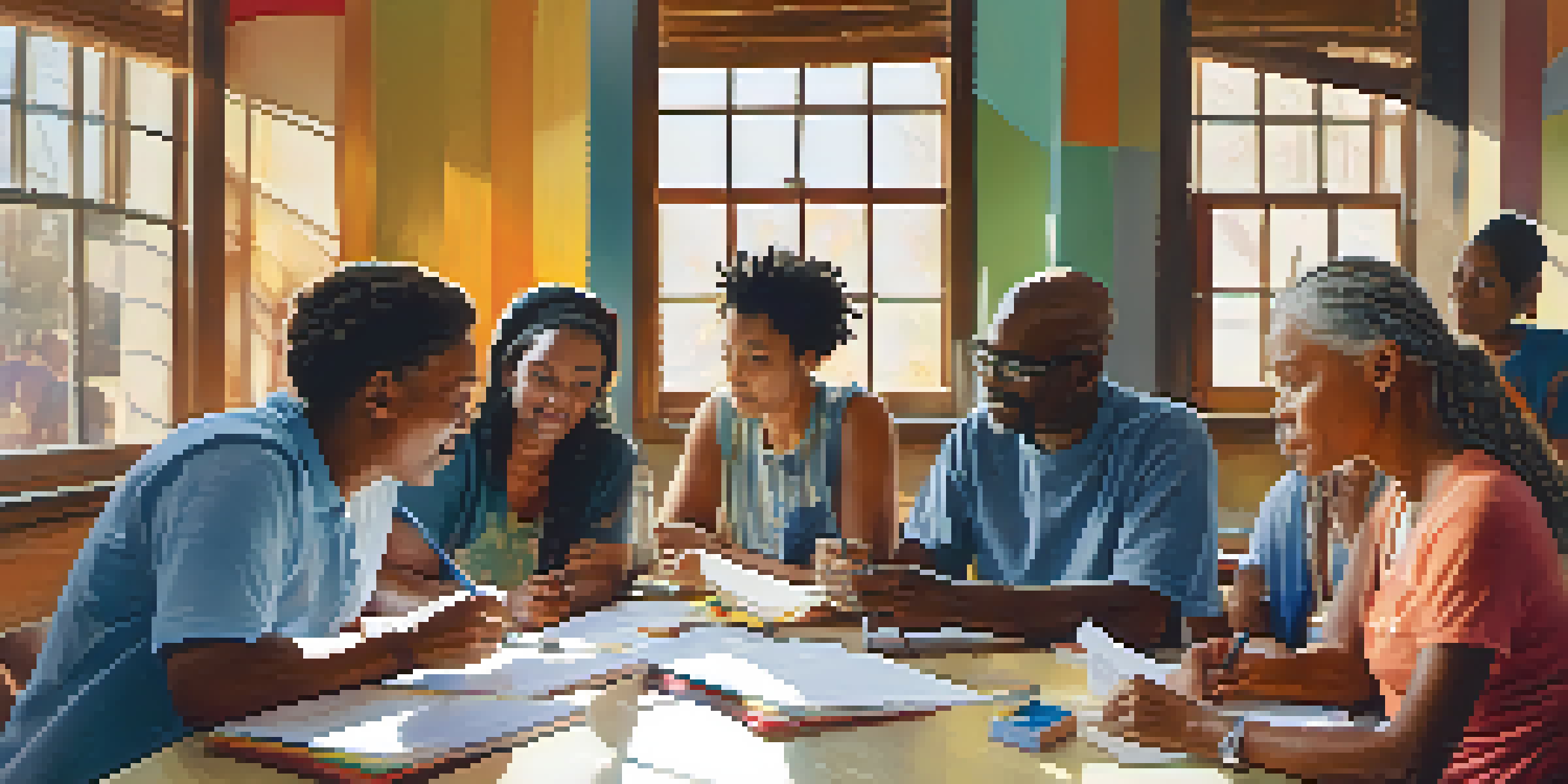 A diverse group of people participating in a health literacy workshop, sitting around a table with colorful materials and handouts, engaged in discussion.