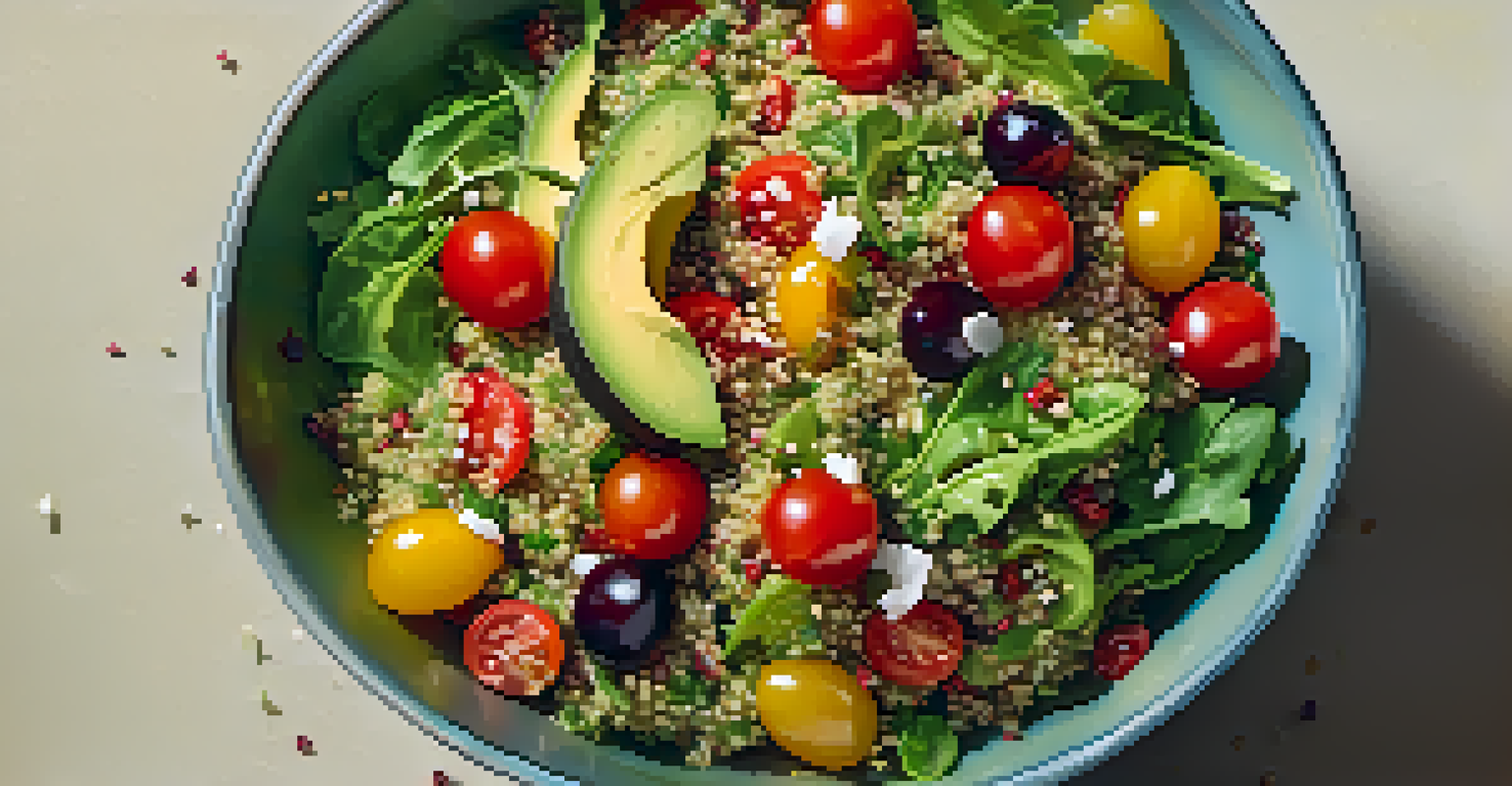 A close-up of a high-fiber salad in a bowl, featuring mixed greens, quinoa, tomatoes, and avocado, with a neutral background.